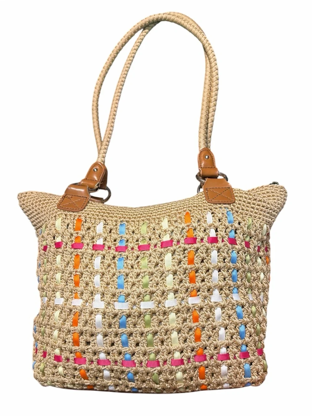 Woven Nylon Shoulder/Tote Bag with Multicolor Ribbon Accents